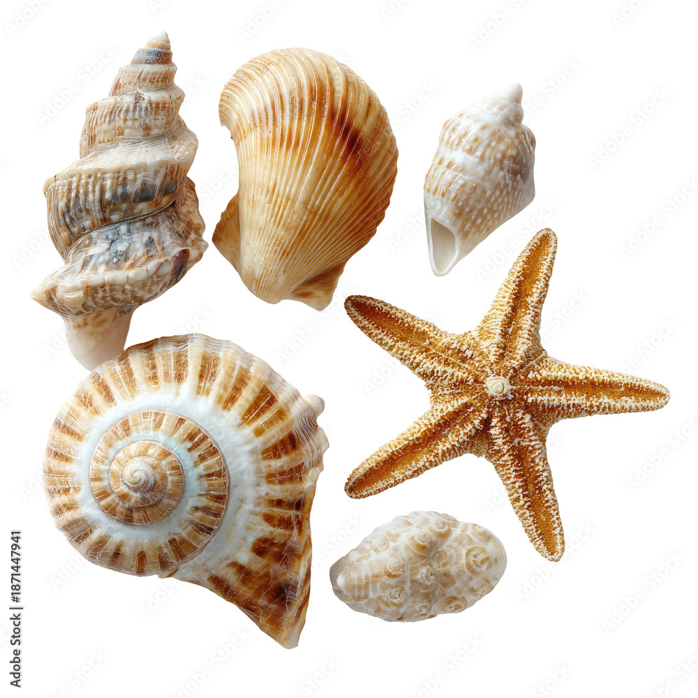 Obraz premium Assorted seashells and starfish arranged on black background