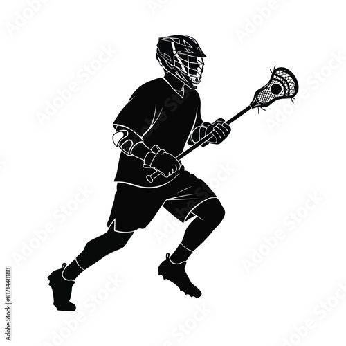 Lacrosse player in action, running with stick and helmet, illustration