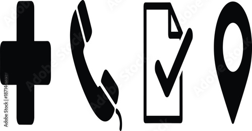 Set of essential black silhouette icons for business featuring a medical plus sign, telephone handset, checked document list, and a location map pin.