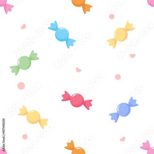Sweet colorful candy seamless pattern on white background, cute pastel bonbon vector illustration