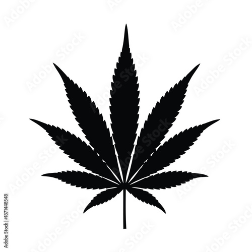 A detailed black silhouette of a cannabis leaf on a white background