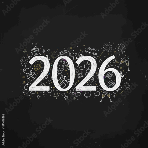 Happy New Year 2026 celebration with festive decorations and fireworks