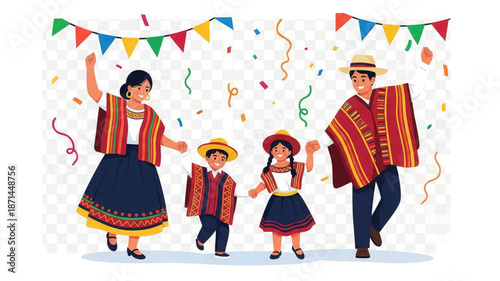 Family in traditional latin american clothing celebrating