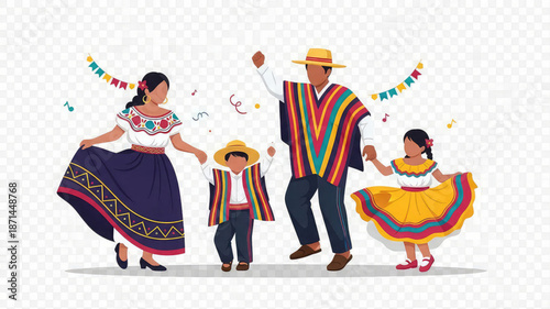 Family in traditional mexican clothing dancing together happily