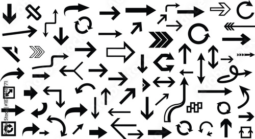 A collection of various black arrows and symbols on a white background for directional and navigation purposes