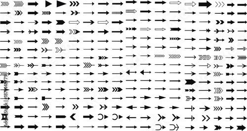 A comprehensive collection of various arrow symbols and icons in different styles and directions on a white background