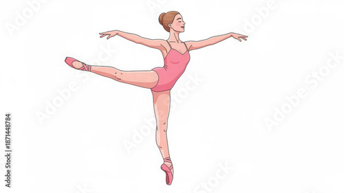 A female ballet dancer in pink leotard and pointe shoes performing