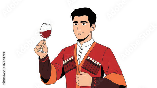 Man in traditional attire holding wine glass and pencils