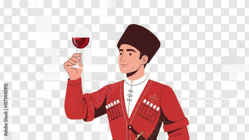 Man in traditional attire holding up a glass of red wine
