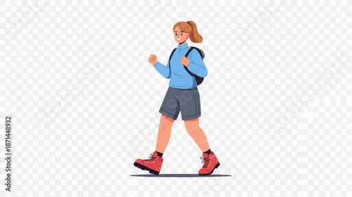 Young woman walking with backpack on transparent background