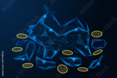 Financial instability, the collapse of digital assets. A broken piggy bank, surrounded by shards and coins. The concept of online banking, cryptocurrencies and the instability of the digital economy.