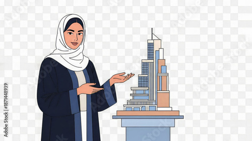 Woman in hijab presenting a model of a modern cityscape building