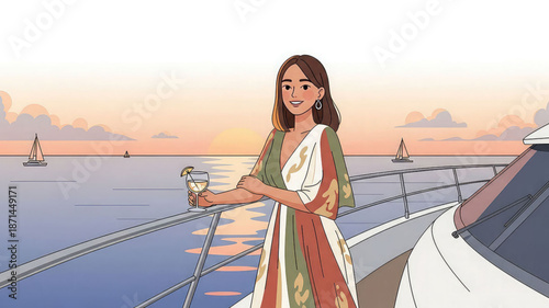 Woman on a yacht deck with a cocktail during sunset cruise enjoying