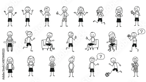 Collection of Simple Stick Figure Drawings Depicting Various Human Actions and Emotions.