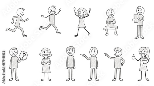 Simple stick figure illustrations of people in various poses and actions.