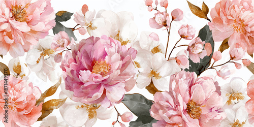 A beautiful floral pattern featuring pink and purple flowers with gold accents, perfect for decorative backgrounds and design elements.