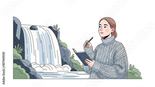 Woman writing in notebook standing in front of beautiful waterfall