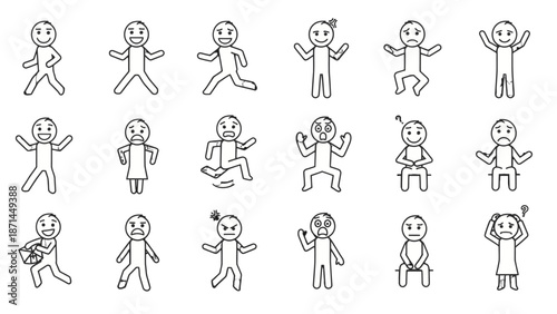 Simple stick figure illustrations depicting various human actions and emotions.