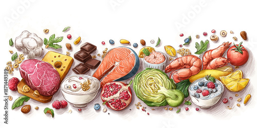 Assorted foods high in carbohydrates, including bread, fruits, and sweets