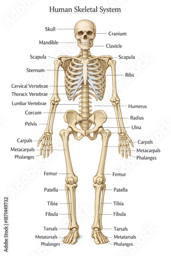 Illustrated Human Skeletal System Anatomy Diagram with Labeled Bones for Education