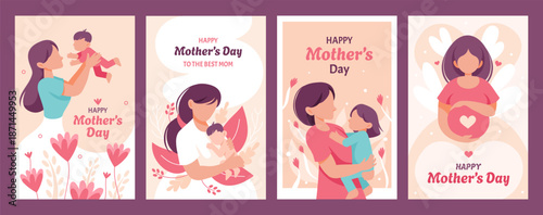 Happy Mothers Day cards. Beautiful woman with kid, pregnant woman with flowers in cartoon style. Greeting card with mommy and baby. Poster with happy mother