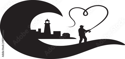 Fisherman silhouette with heart shaped line casting over ocean waves and lighthouse landscape