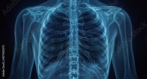 human thorax skeletal anatomy with glowing blue x-ray effect on black background.