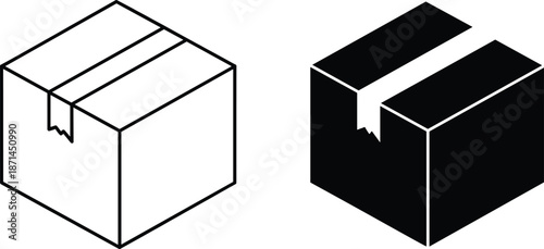 Cardboard box silhouette and outline illustration set with tape seal in isometric perspective
