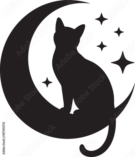 Black cat sitting on crescent moon with stars silhouette for mystical theme