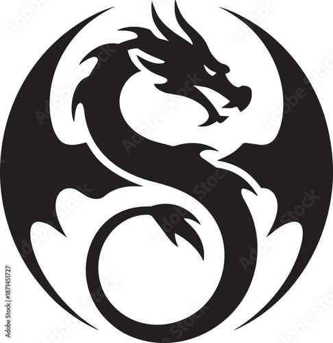 Black silhouette of a mythical dragon with large wings in a circular shape illustration