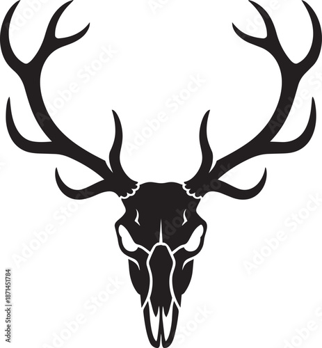 Deer skull vector silhouette with large antlers isolated on transparent background for hunting