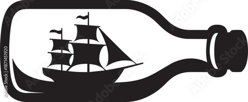 Silhouette of a tall ship in a bottle graphic for nautical or sea adventure designs