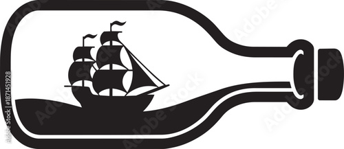 Sailing ship in bottle silhouette representing maritime adventure and ocean travel exploration