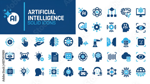 Obraz na płótnie Artificial Intelligence Solid Icon Set: AI Technology, Machine Learning, and Robotics Symbols in Blue and Navy