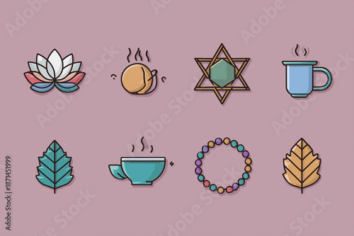 set of simple flat vector icons for yoga, meditation, and relaxation. colorful symbols such as lotus flower, sun, tree leaf,