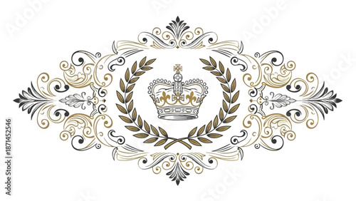 Vintage heraldic illustration of the Russian Empire coat of arms featuring a gold royal crown and shield with wings on a decorative floral vector ribbon banner