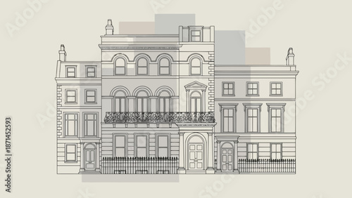 Vintage vector sketch illustration of an old European city building with classic architecture, featuring detailed windows and urban street design elements