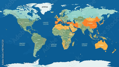 A global vector illustration of the blue world map featuring earth continents like Europe, Asia, and America on a professional atlas background for travel and business geography design
