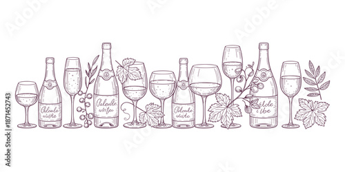 Wine Bottle and Glass Collection Hand Drawn Line Art Illustration, Elegant Alcohol Drink Sketch