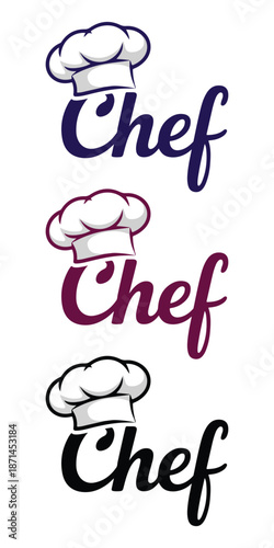 Chef logo set with toque hat and script typography, culinary branding icons