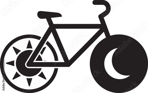 Simple black and white bicycle icon with stylized wheel, cycling sport recreation symbol