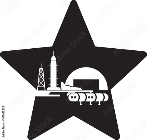 Space launch complex illustration featuring rocket on pad with storage tanks inside five point star shape