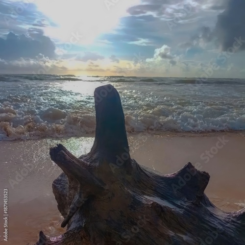 Driftwood stump on sandy beach with ocean waves at sunset