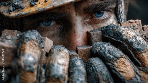 Wallpaper Mural Close-up of a child’s piercing blue eyes peering from behind rubble and a soot-stained helmet. Symbol of resilience amid chaos. Evokes innocence, survival, and the silent strength of youth Torontodigital.ca