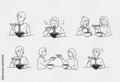 People eating noodles with chopsticks in various situations and expressions