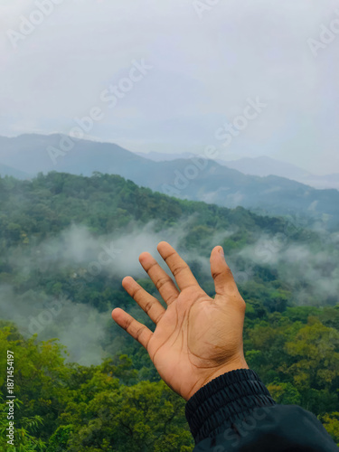Person reaching toward foggy tropical mountains and lush green forest