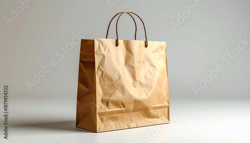 A crinkled brown paper bag with twisted handles, stands against a simple white backdrop