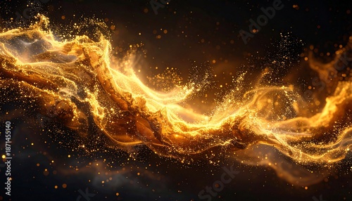 Abstract swirling golden light with ethereal textures and sparkling particles against a dark backdrop