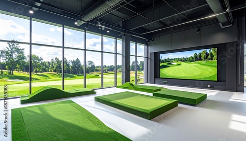 Modern interior with large screen showing golf course, artificial greens, and expansive windows