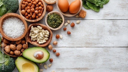 Wallpaper Mural Fresh and Healthy Ingredients for Nutritious Cooking with Fresh Vegetables, Nuts, Eggs, Seeds, and Avocado on Wooden Background Torontodigital.ca